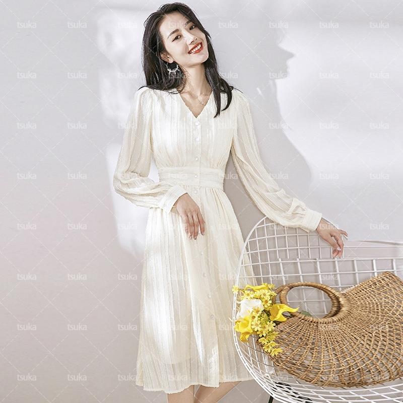 レディース ワンピース ロング丈 シフォン vネック プリーツ 長袖 春夏 マキシ丈 大人 マキシワンピース ロングワンピース リゾートワンピ きれいめ かわいい | 