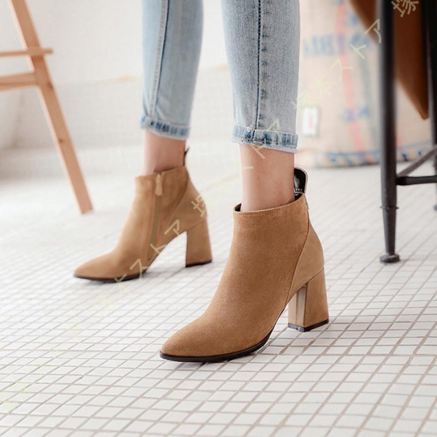 ショートブーツ 華奢 チャンキーヒール リボン付き ポインテッド