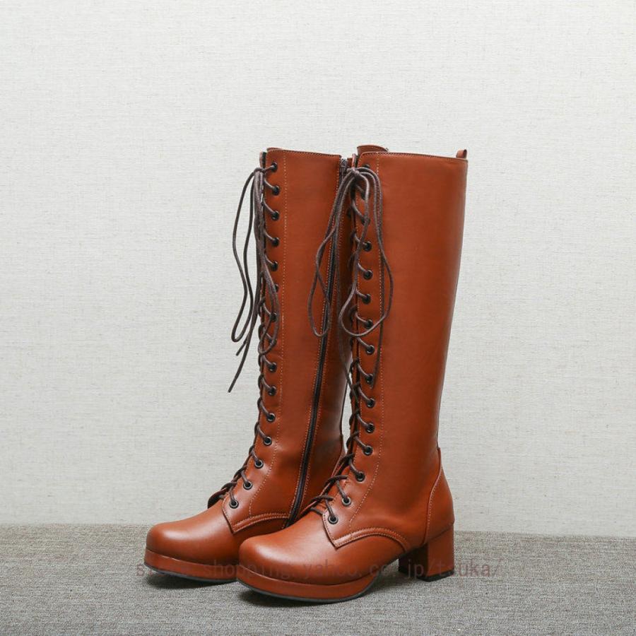 ファション 編み上げブーツ ロング丈 白 ロングブーツ レディース 厚底