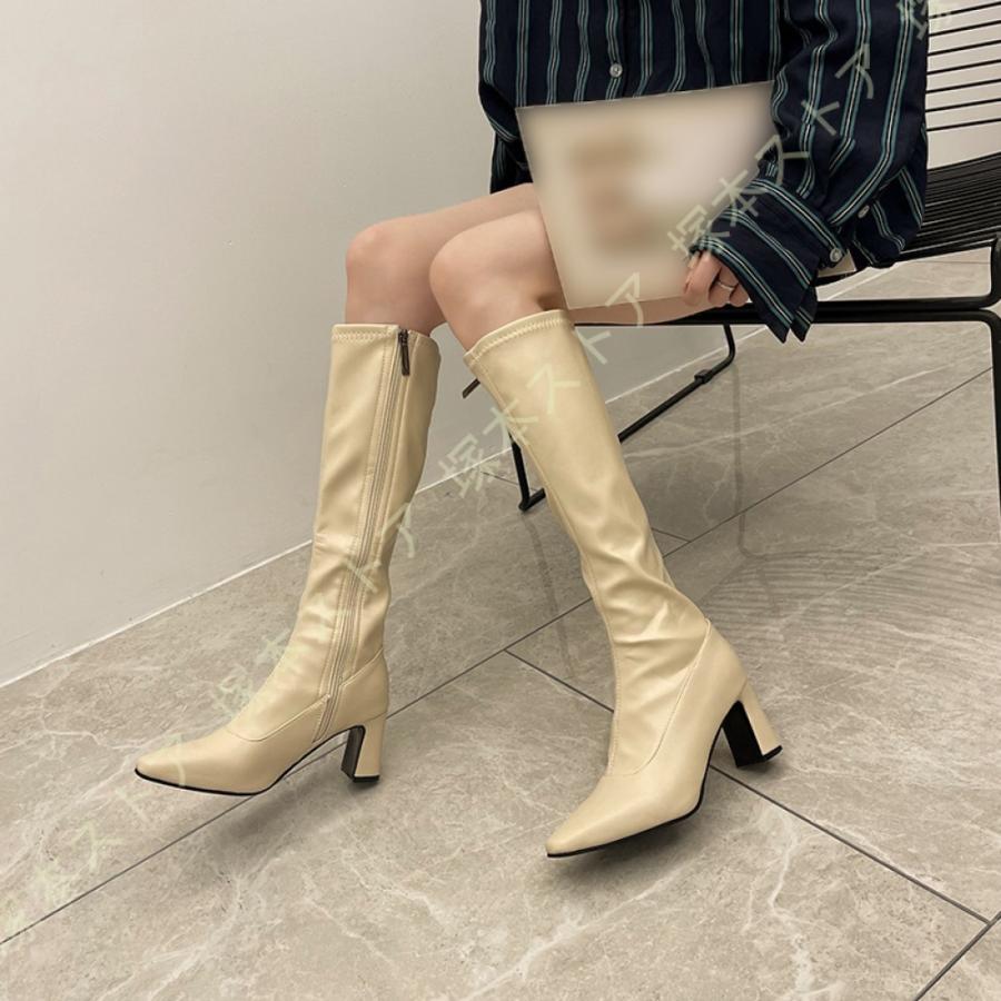 ロングブーツ レディース ハイヒール 太ヒール ジョッキーブーツ 履き  
