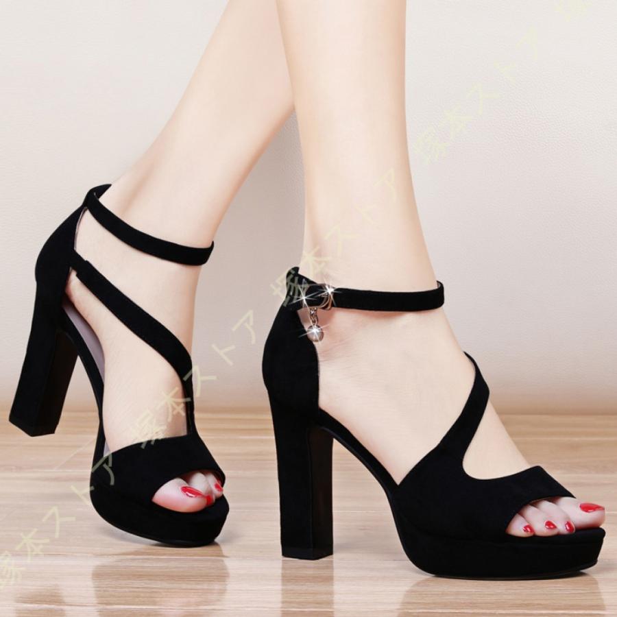 オープントゥ パンプス キャバ 厚底 ハイヒール サンダル ヒール9cm チャンキーヒール サンダル 痛くない ストラップ ジッパー 結婚式 謝恩会 発表会 披露宴
