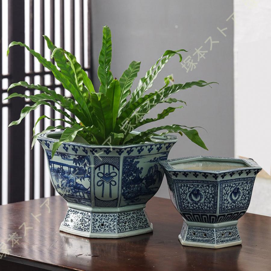 陶器鉢 鉢植え 多肉植物鉢 底に水抜き穴あり 青花磁器 ヴィンテージ