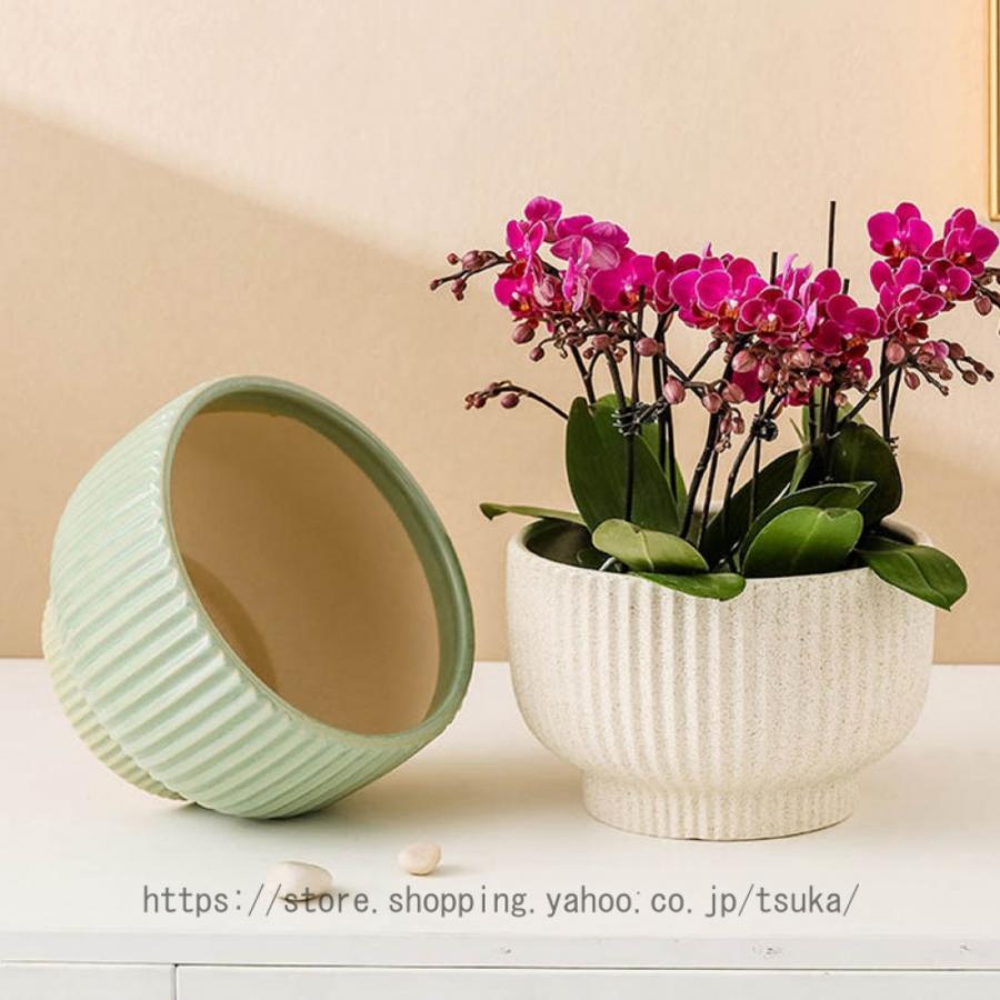 植木鉢 陶器製 北欧 観葉植物鉢 フラワーポット 底に水抜き穴あり 大口径 シンプル 円形 プラスチック製の受皿付き ins風 ガーデンポット モダン 縦縞 鉢植えの画像