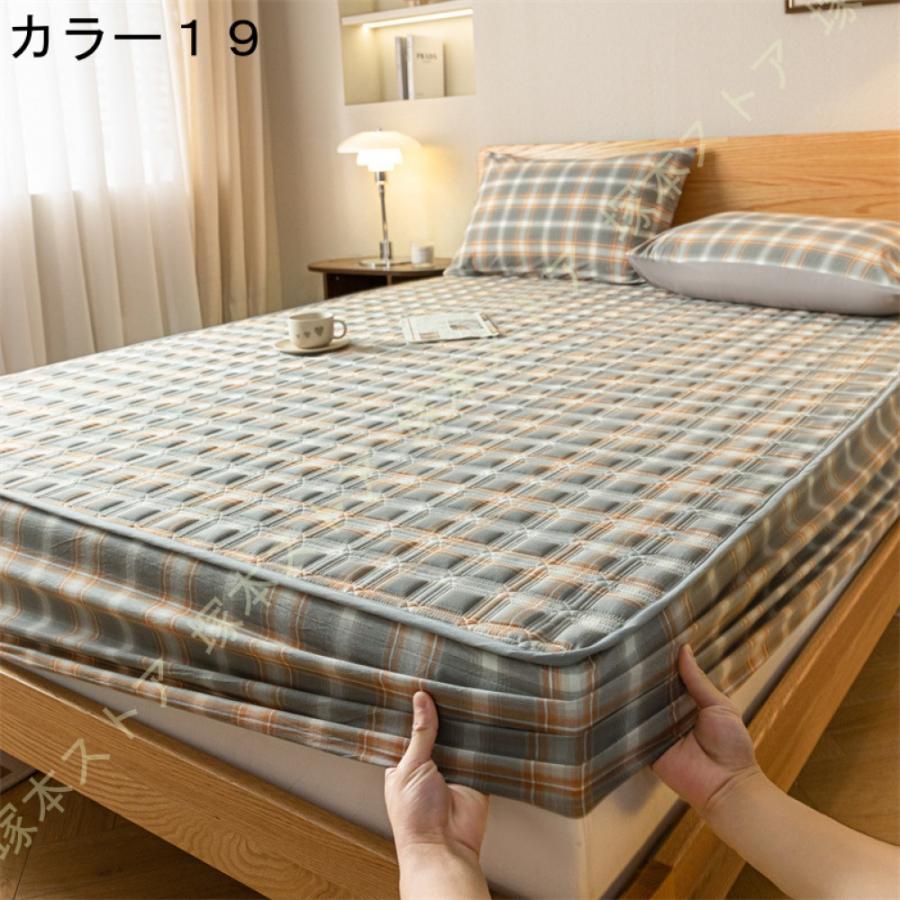 冷感ベッドパッド セミダブル チェック柄 パッド一体型ボックスシーツ セミダブル 綿 キルティング ベッドパッド
