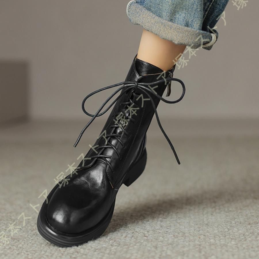 レディース レースアップブーツ 本革 ローヒール プラットフォーム