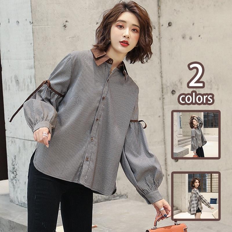 シャツ ブラウス 長袖 ハイネックブラウス 個性 パフスリーブ トップス ファッション ゆったり ブラウス チェック 体型カバー 通勤 レディース
