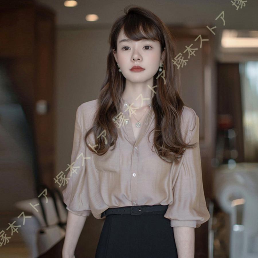 ブラウス レディース パフスリーブ シャツ 無地 七分袖 Vネック プルオーバー おしゃれ 着痩せ トップス 女性用 カジュアル 普段着 通勤 OL 春 秋 フォーマル