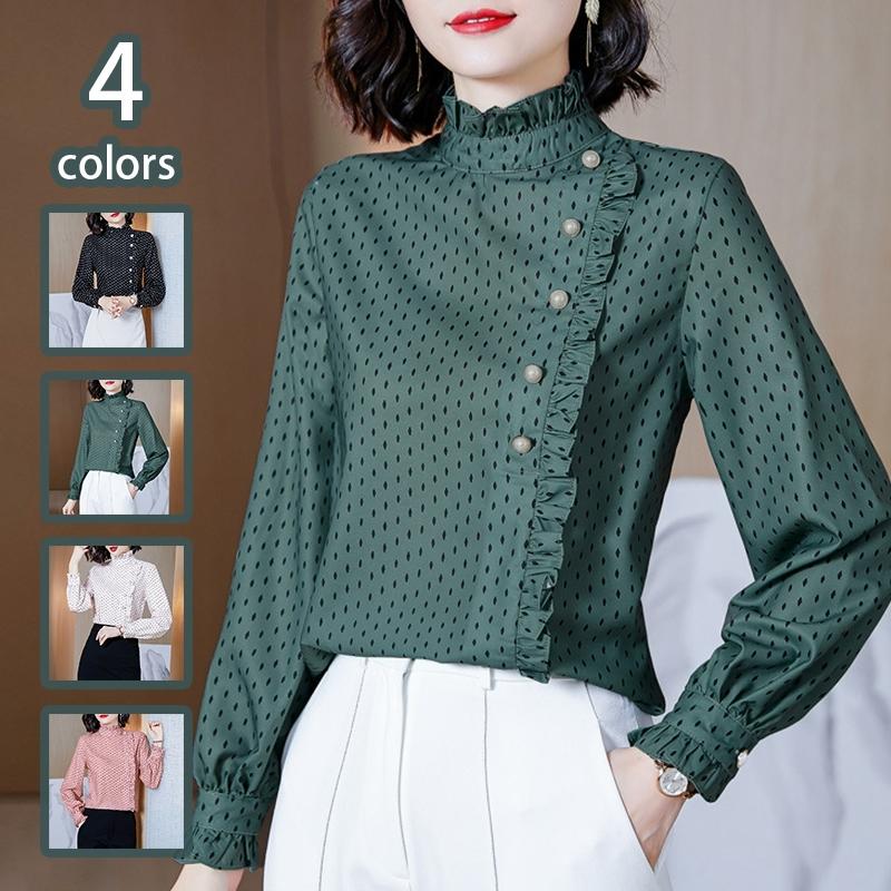 シャツ ブラウス レディース 長袖 スーツ インナー オフィス ビジネス 事務服 制服 フォーマル おしゃれ ワイシャツ 立ち襟 フリル スリム 白 ドット ホワイト