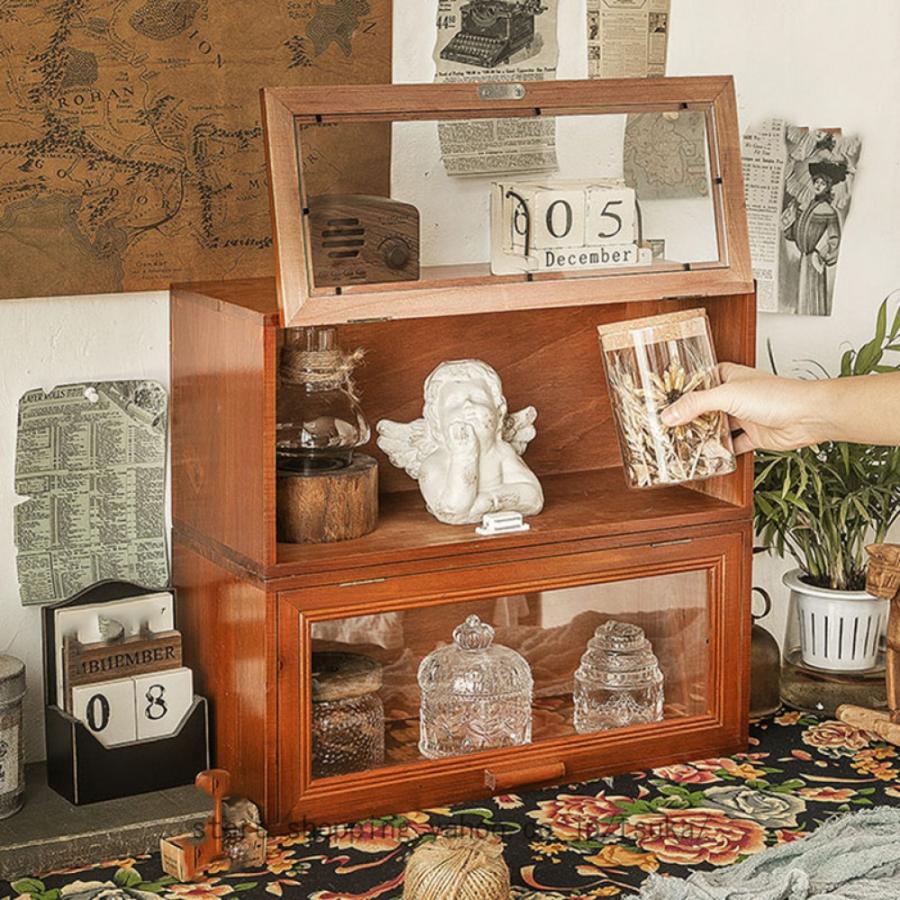 収納キャビネット ミニ食器棚 小さい 木製 無垢材 卓上用 床置き