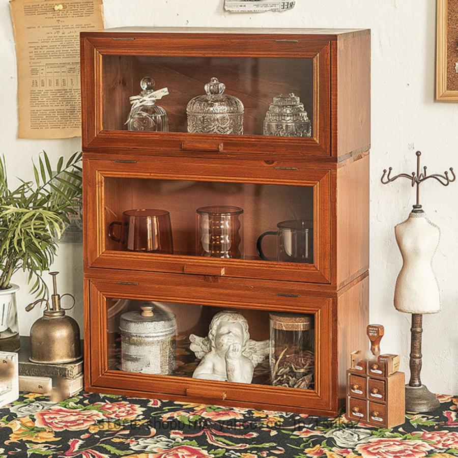 収納キャビネット ミニ食器棚 小さい 木製 無垢材 卓上用 床置き