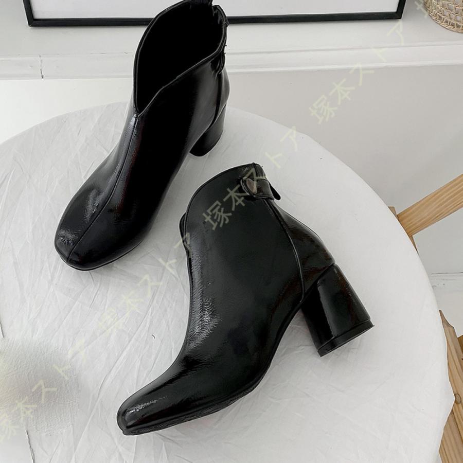 未使用！DIANA黒 レザー アンクルブーツ スクエアトゥ ヒール約10cm ダイアナ DIANA ミドルヒールショートブーツ （黒カーフ