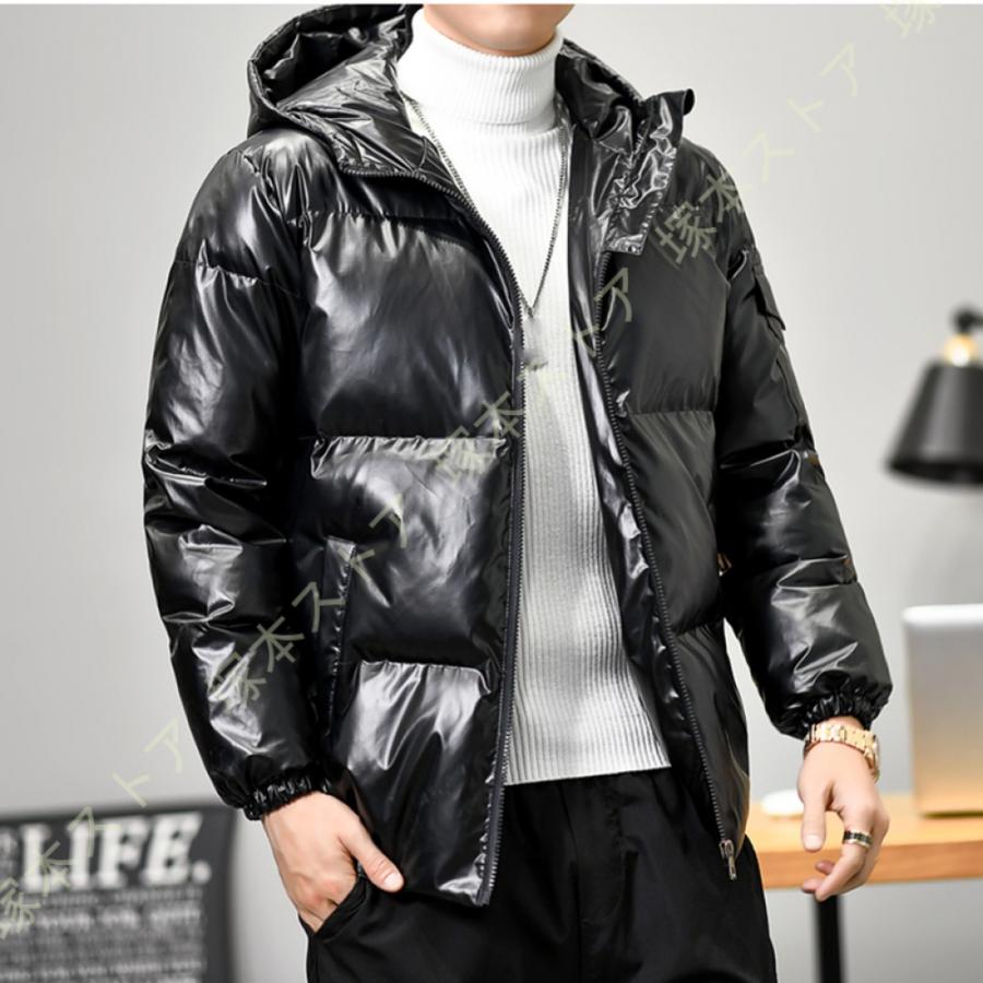 ダウンジャケット メンズ 冬服 エナメル 光沢 中綿入り モーズコート
