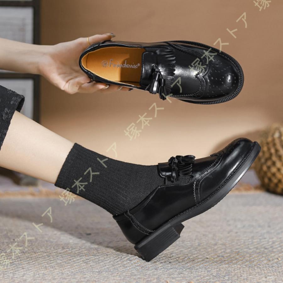タッセル ローファー レディース ドレスシューズ ウィングチップ パンプス 痛くない ローヒール 太ヒール 黒 マニッシュ クラシカル おじ靴_9