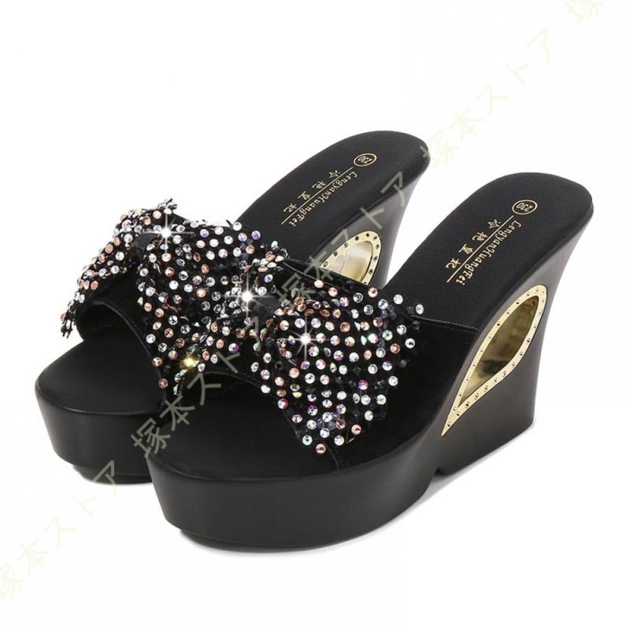 予約販売品 レディース サンダル スリッパ 夏 蝶結び 美脚 ミュール オープントゥ 靴レディース ウエッジソール ヒール10cm ハイヒール 厚底 スパンコール キラキラ サンダル カラー ブラック 10cm Iceenergy Nl