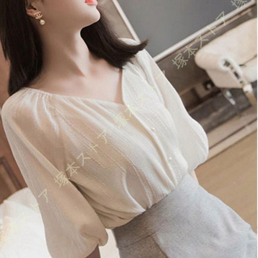 夏 シフォン トップス 水玉柄 ブラウス レディース かわいい シャツ パフスリーブ Vネック 半袖 シフォンシャツ エレガント ゆったり 着痩せ ガール トップス