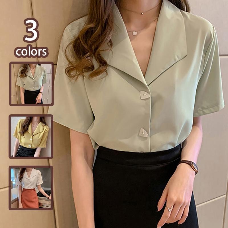 シャツ ブラウス レディース 事務服 制服 トップス Vネック 半袖 大きいサイズ オフィス カジュアル シフォンブラウス 半袖シャツ エレガント リクルート