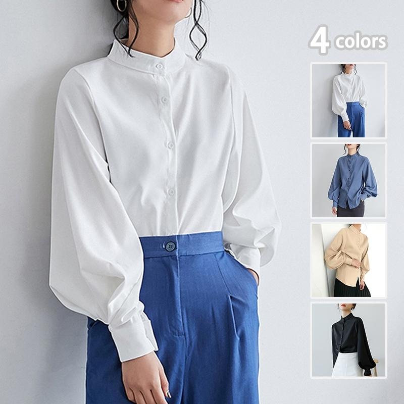 レディース ブラウス シャツ 事務服 ワイシャツ 春 夏 Vネックシャツ 長袖 ブラウス オフィスシャツ 黒 スタンドカラー シャツ スリム オフィス 通勤 OL