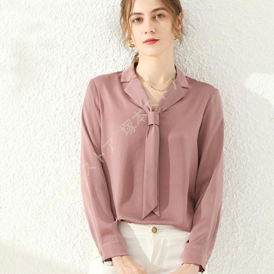 ボウタイシャツ レディース ブラウス Vネック リボン付き シフォン 長袖 事務服 着痩せ 体型カバー エレガント オシャレ プルオーバー トップス ボウタイ