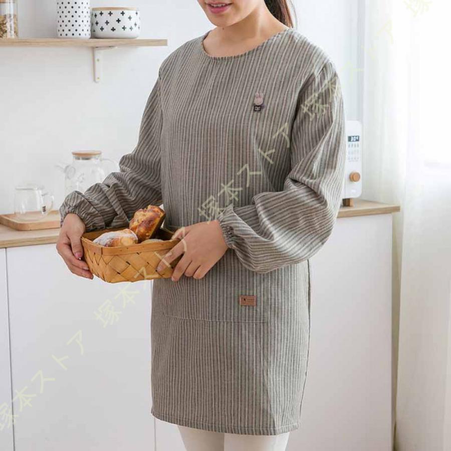 スモック 割烹着 チュニック風 長袖 綿 シワになりにくい 動きやすい