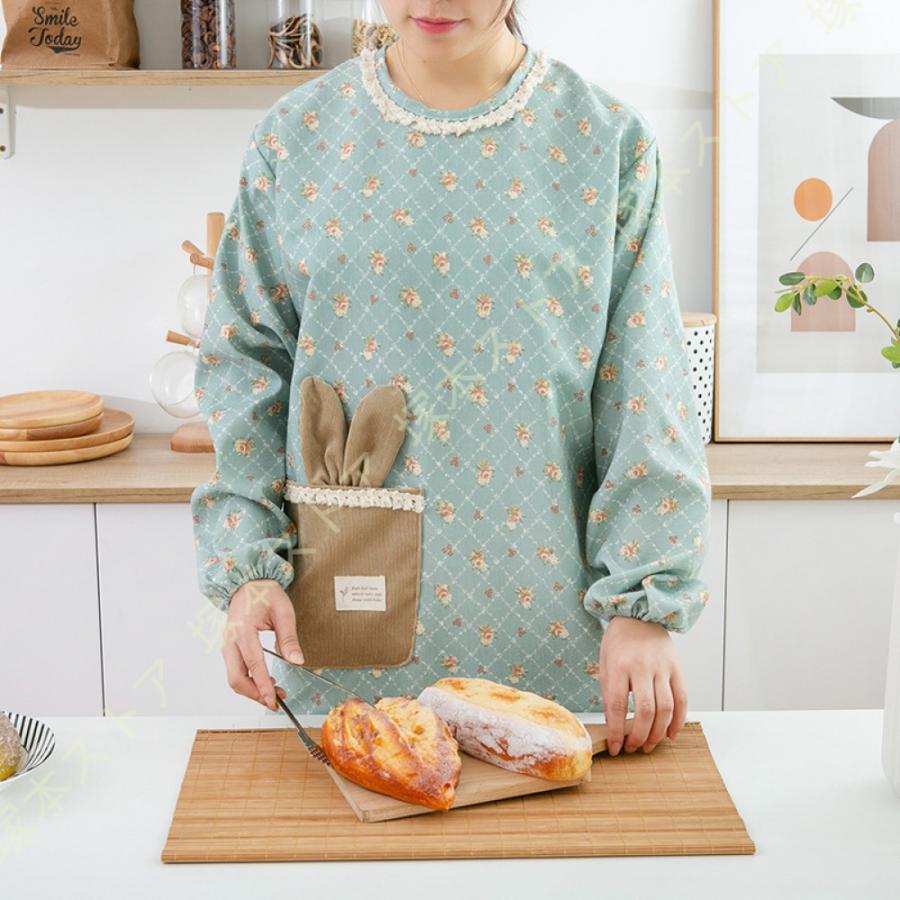 割烹着 オシャレ かわいい ポケット付き 袖付きエプロン さらりと軽い