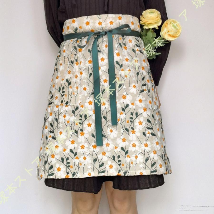 いたつ　エプロンショート　シージョ　ピンクバラ柄　ターコイズ白水玉フリル カフェ エプロン 腰巻 ショート レース フリル 撥水 腰下 花柄