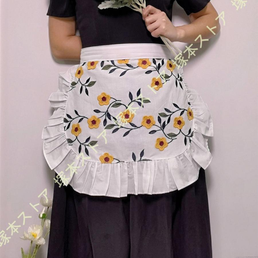 カフェ エプロン 腰巻 ショート レース フリル 撥水 腰下 花柄