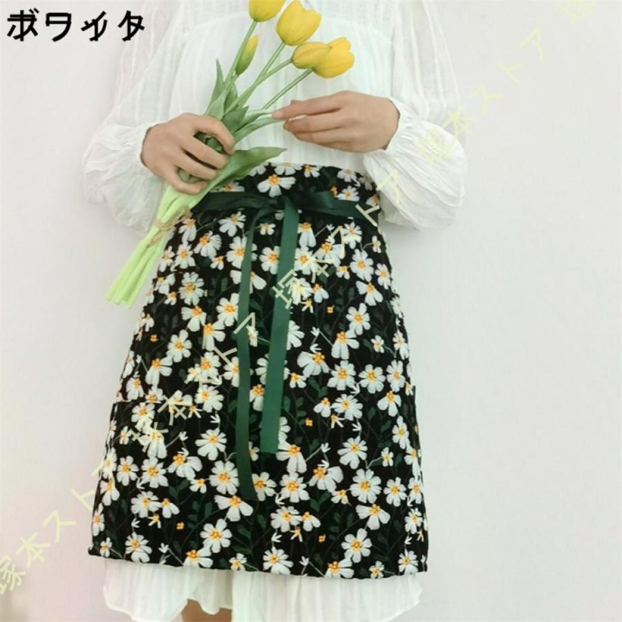 カフェ エプロン 腰巻 ショート レース フリル 撥水 腰下 花柄