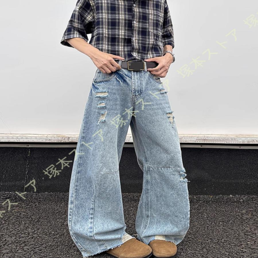 デニムパンツ メンズ ウォッシュ加工 ワイドパンツ バギー おしゃれ 春 
