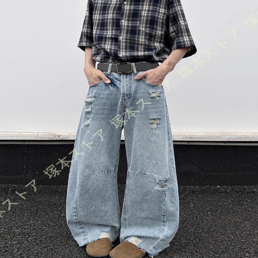 デニムパンツ メンズ ウォッシュ加工 ワイドパンツ バギー おしゃれ 春
