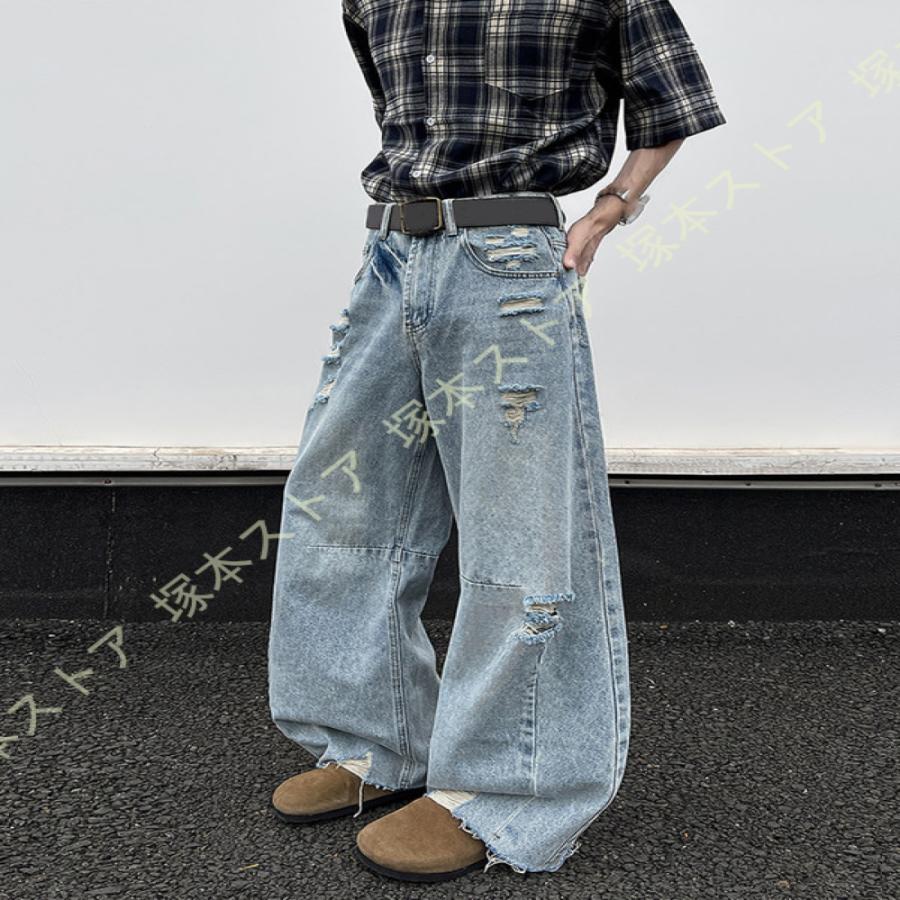 デニムパンツ メンズ ウォッシュ加工 ワイドパンツ バギー おしゃれ 春