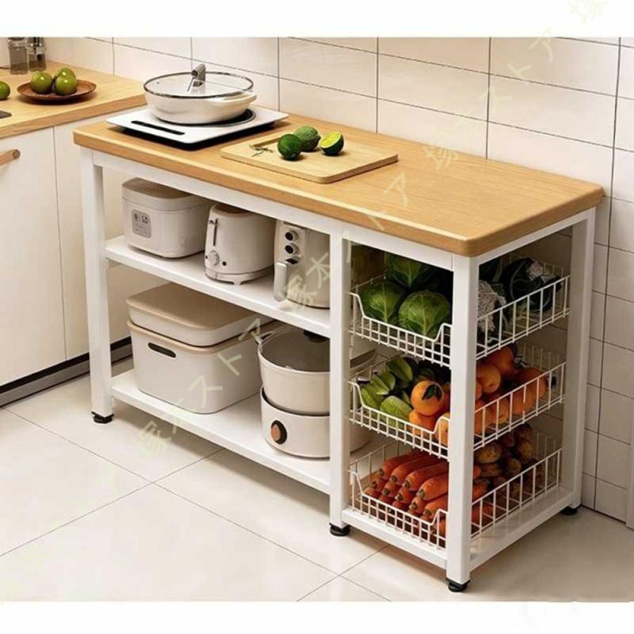 キッチンラック 幅約80cm バスケット付き 頑丈 キッチンボード オープンラック 食器棚 ラック 棚 収納棚 シェルフ キッチン棚 レンジラック レンジ台_2
