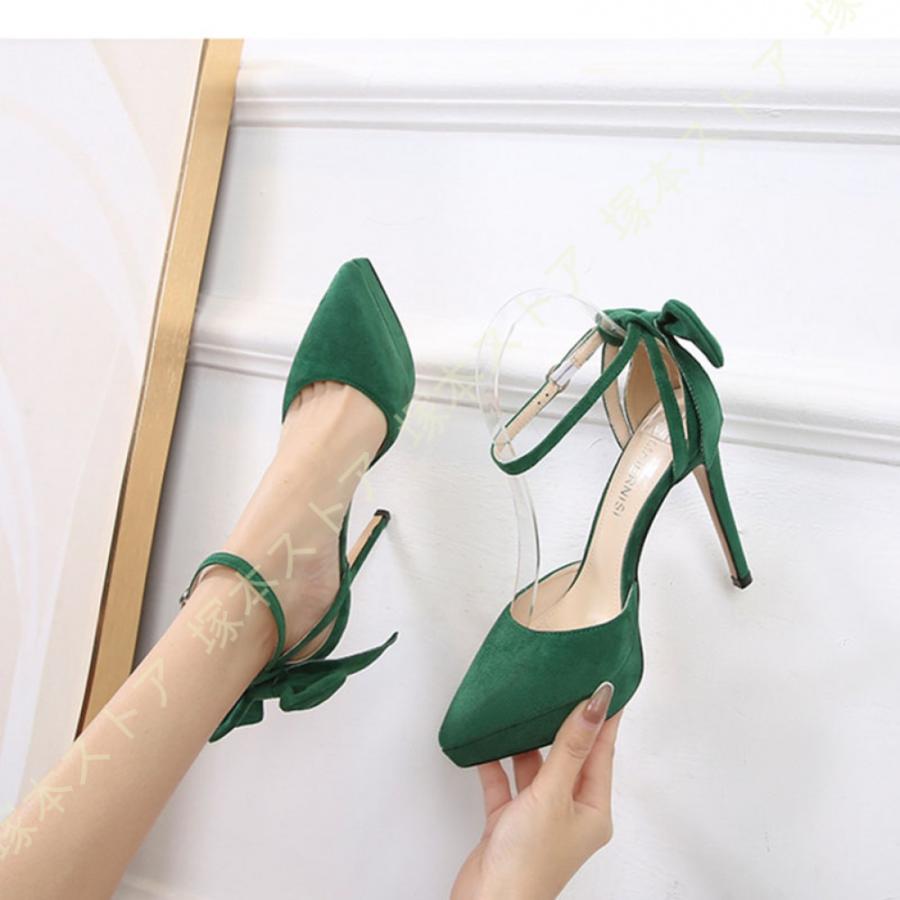 ストラップ セパレート パンプス 緑/黒/杏 ピンヒール ハイヒール 歩き