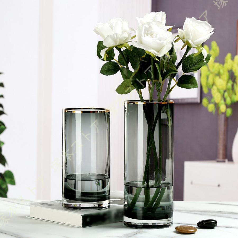 黒いガラス製円筒形花瓶 ガラス花瓶 高さ35cm 円筒型 フラワーベース 花瓶 おしゃれ 透明