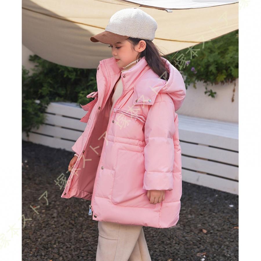 ダウンジャケット キッズ ダウンコート 大きいサイズ 子供服 防寒 ダウン アウター フード付き 子ども カジュアルアウトウェア ジップアップ スタンドカラーの画像