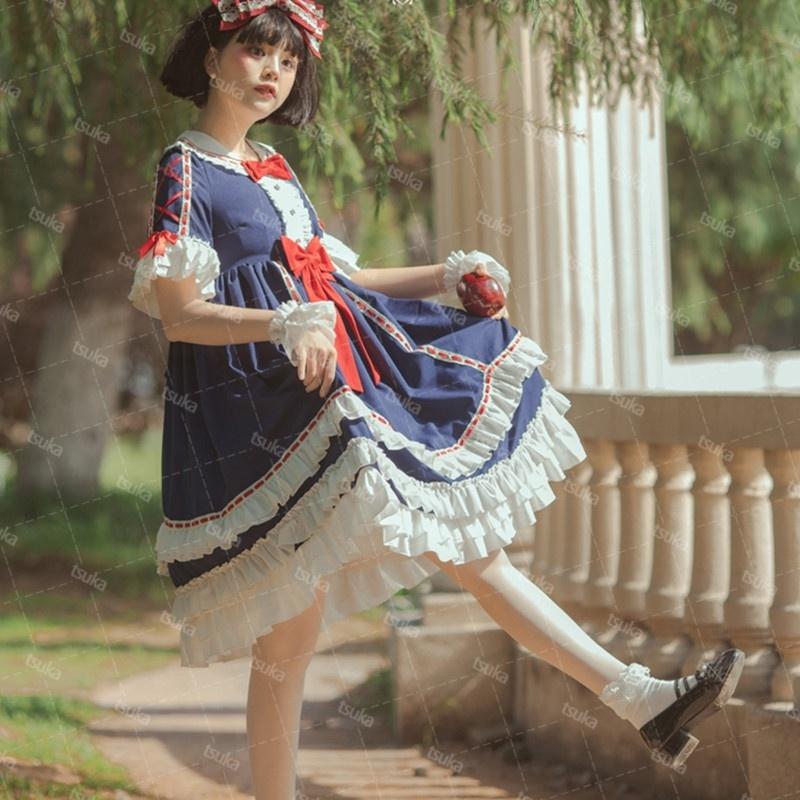 ロリータ ワンピース 半袖 ドレス 白雪姫風 姫ロリ ミニ丈 可愛い 豪華 
