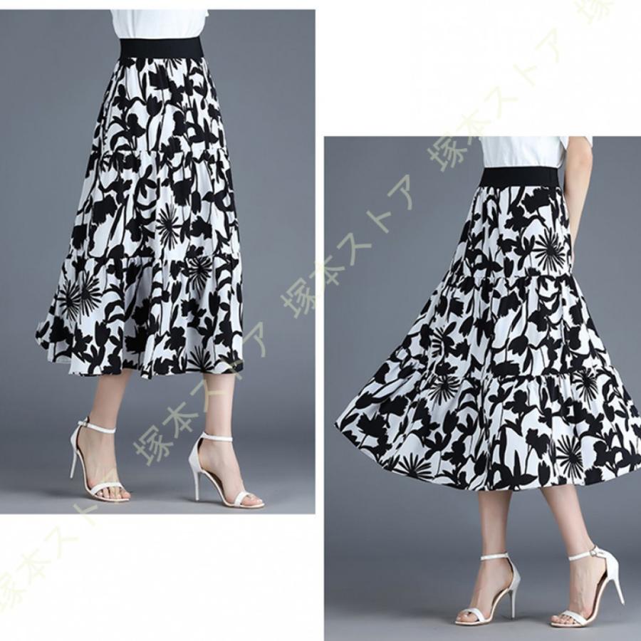 スカート フレアスカート レディース 黒 花柄 上品 結婚式 シンプル 通勤 OL オフィス シフォンスカート ヘムレース Aライン 膝丈スカート エレガント