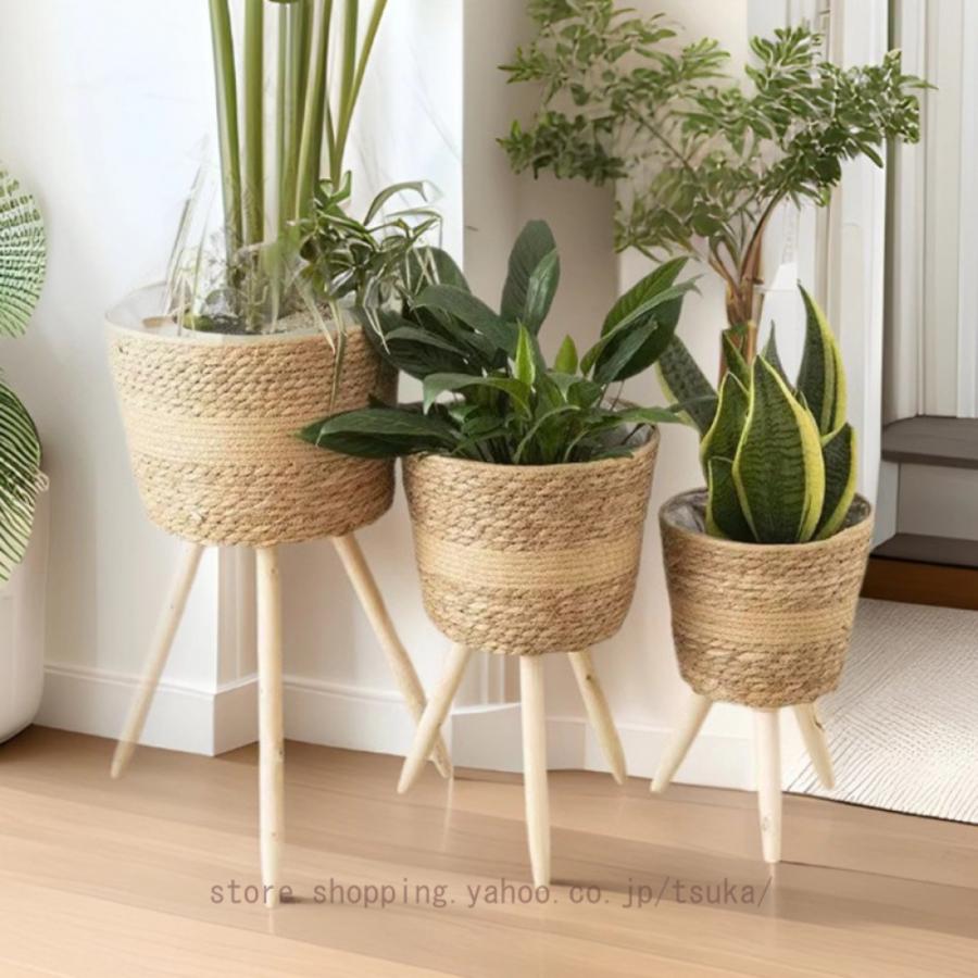 植木鉢 ラタン編み花台 手編み 北欧スタイル 木製脚フレーム 室内