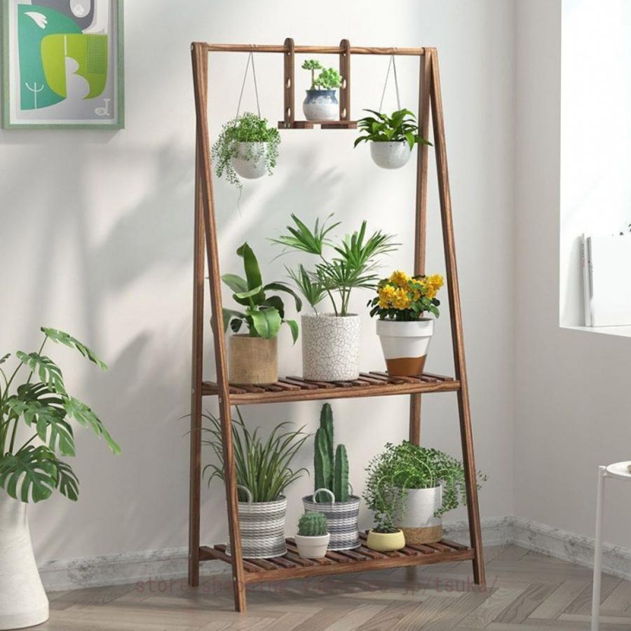 木製プラントスタンド ハンギングロッド 植木鉢棚 屋内 屋外 ガーデンテラス用 フラワーラック 収納 ディスプレイホルダー 自立棚 ガーデンラック_13