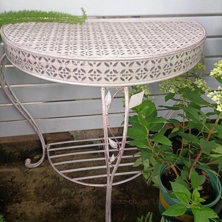 花台 屋外 室内用 観葉植物 盆栽棚 耐久 屋外用 ハーフムーン パティオ2段 アイアン ハーフラウンド ガーデンポーチテーブル アンティーク 全天候型_5