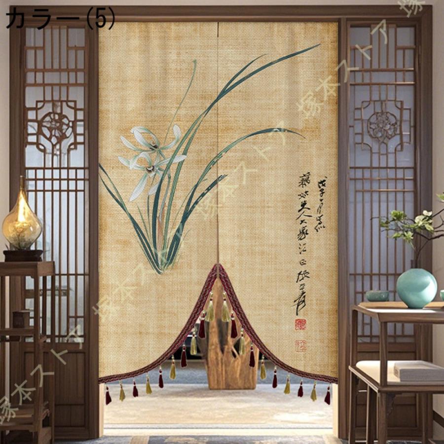 のれん 中華風 タッセル付き 布 花模様 茶室 リビング 玄関