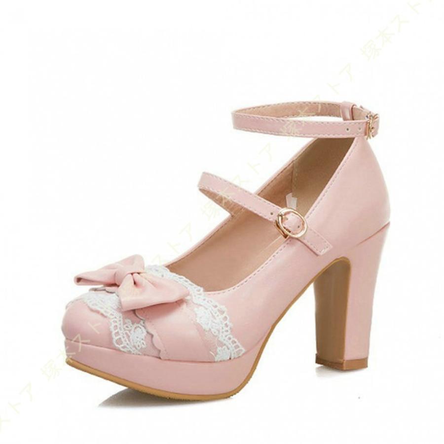  Flowerパンプス ラベンダー Lサイズ ロリィタ レディース ロリータ 靴 大きいサイズ リボン ゴスロリ 厚底