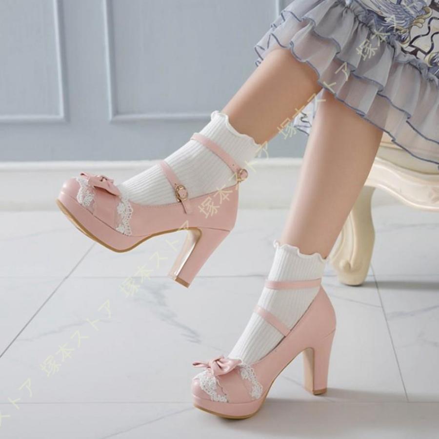 レディース ロリータ 靴 大きいサイズ リボン ゴスロリ 厚底 メイド