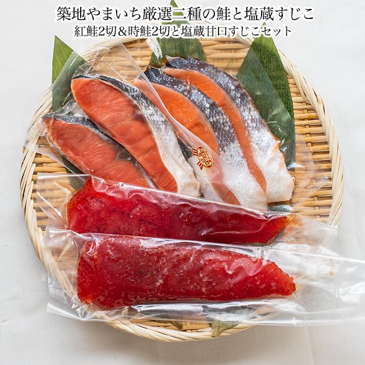 鮭の築地やまいち送料無料 2個で1 000円offクーポンあり 紅鮭2切 銀鮭2切と塩蔵甘口すじこセット 別倉庫からの配送