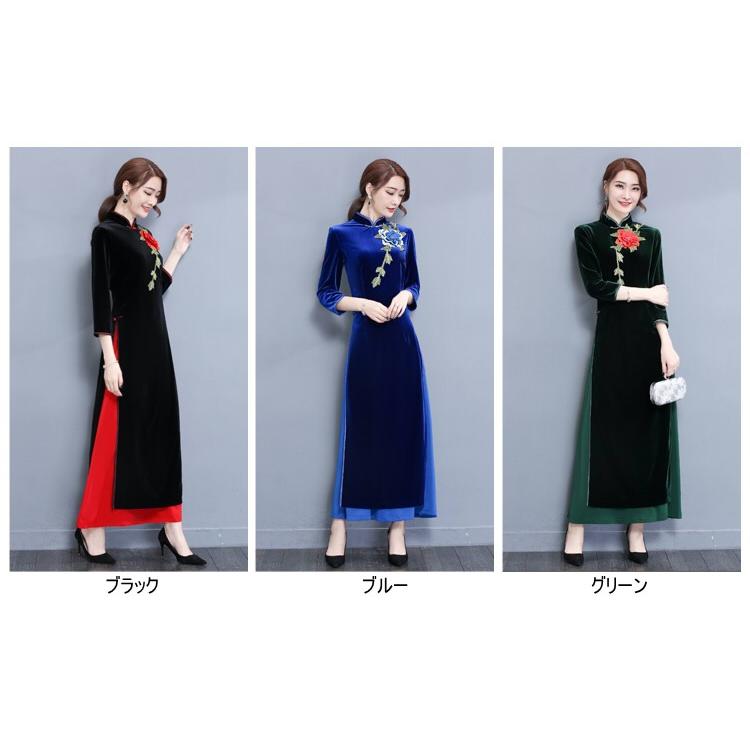チャイナドレス ワンピース マキシ丈 ロング丈 花柄 刺繍 七分袖 チャイナ服 ベロア ベルベット Yar0375 月島 通販 Yahoo ショッピング