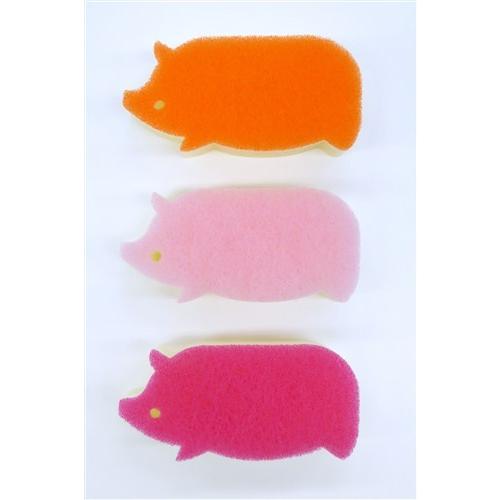 抗菌 ソフトキッチン アニマルスポンジ かわいい ぶた型３個組 ワイズ オレンジ+薄ピンク+濃いピンク｜tsukumo-y2