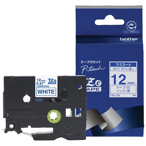 ブラザー TZe-233  ラベルライターピータッチ用 ラミネートテープ 白テープ 青文字 幅12mm 長さ8m｜tsukumo-y2