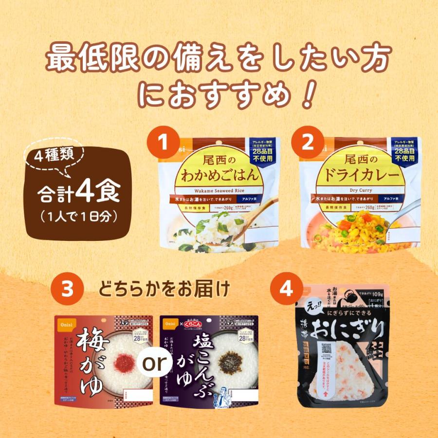 おためし非常食セット 尾西食品　ゆうパケット　ポスト投函　メール便　アルファ米　携帯おにぎり　鮭　おかゆ　ドライカレー　わかめごはん 1日分 1人 安い | 尾西食品 | 01