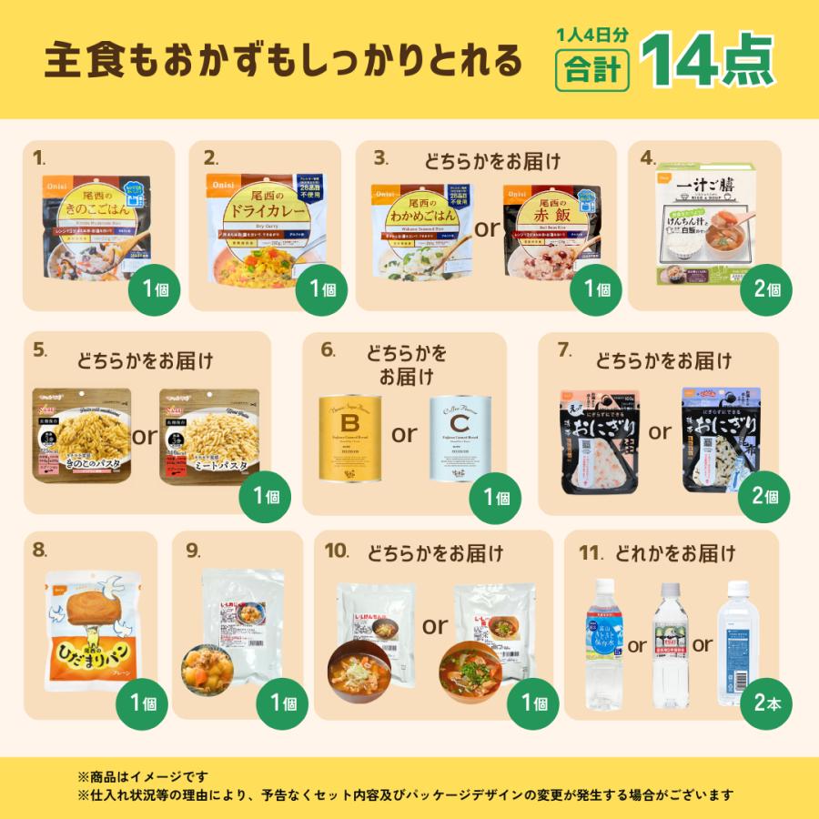 4日分 非常食セット1人用 2人用 14品 ご飯 パン 水 アルファ米 主食 お菓子 防災グッズ 保存食 尾西 食料 防災食 | 尾西食品 | 01