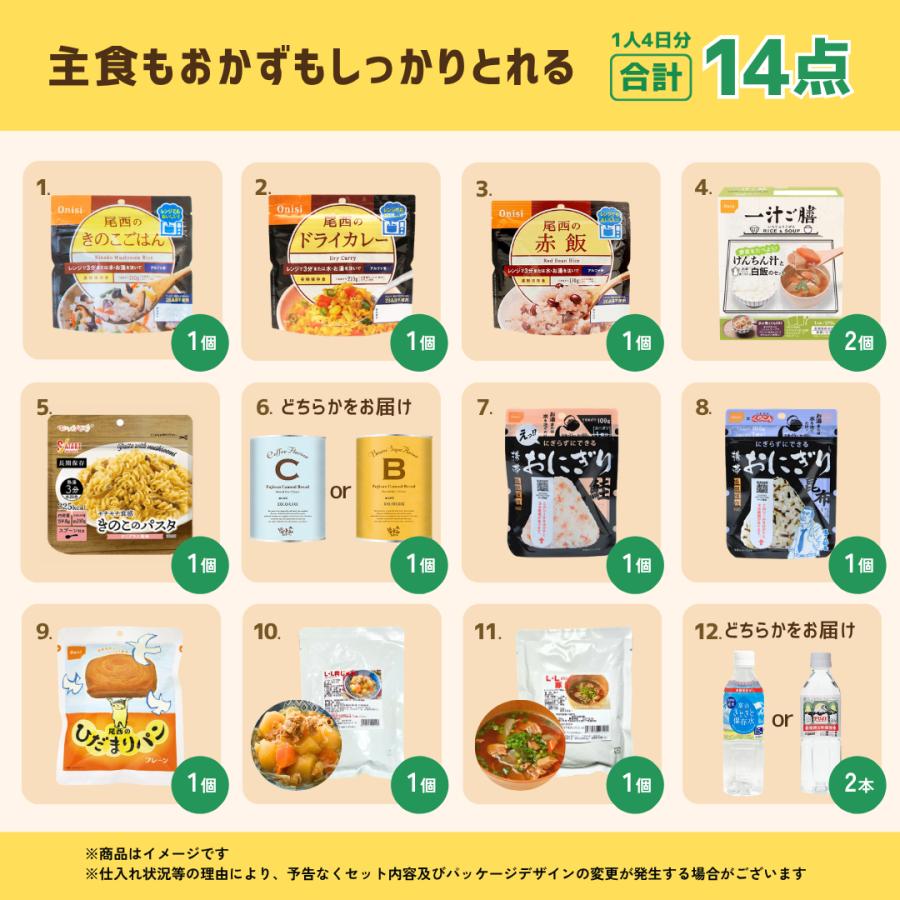 4日分 非常食セット1人用 2人用 14品 ご飯 パン 水 アルファ米 主食 お菓子 防災グッズ 保存食 尾西 サタケ 食料 防災食 | 尾西食品 | 01