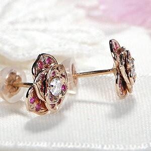 H&C K18 PG ルビー&ダイヤモンド 薔薇 ピアス ダイヤ 人気 ダイヤモンド バラ ルビー ばら ゴールド レディース  ギフト 誕生日 ご褒美 tsunop0023の画像